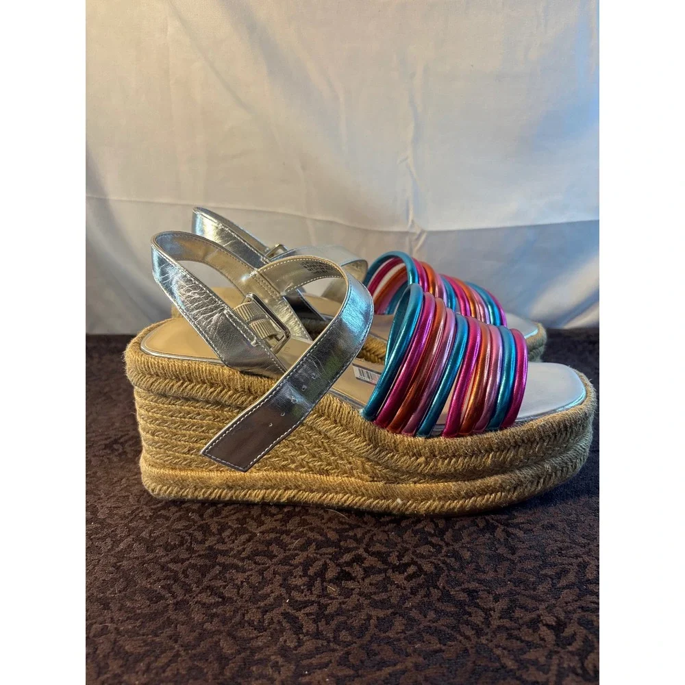 Kenneth Cole New‎ York Metallic Multi-Color Espadrille Wedge Sandals Silver 8.5M